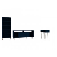 Manhattan Comfort 151GMC4 Rockefeller 3-Piece TV Stand Living Room Set with Bookcase and Console in Tatiana Midnight Blue